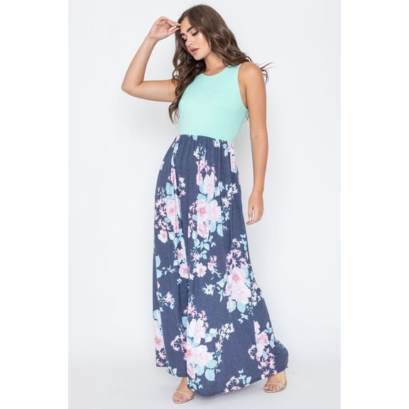 Contrast Mint Vintage Navy Floral Sleeveless Maxi Dress_Plus