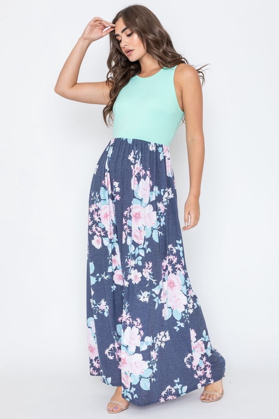Contrast Mint Vintage Navy Floral Sleeveless Maxi Dress_Plus