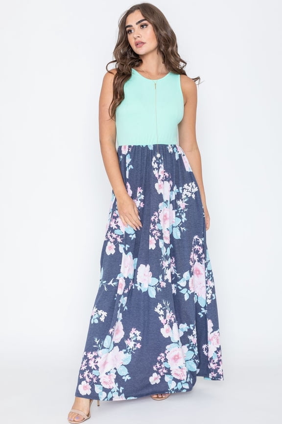 Contrast Mint Vintage Navy Floral Sleeveless Maxi Dress