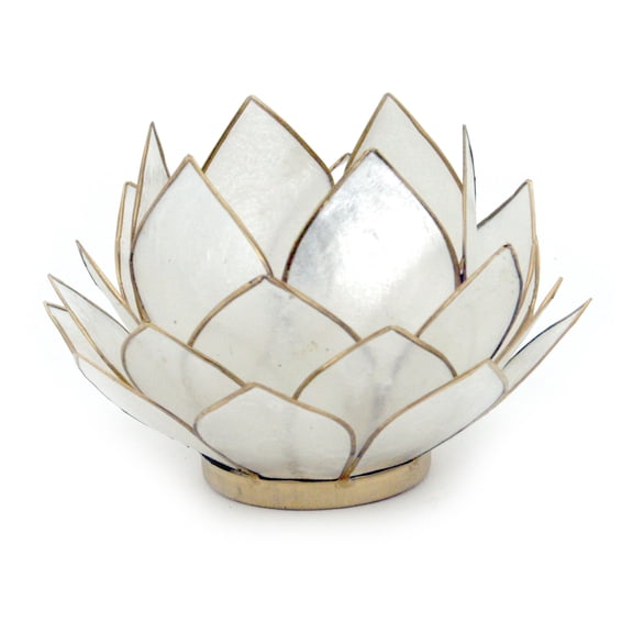 Contrast Natural White Capiz Shell Opening Lotus Flower Bulb Tealight Candle Holder - White