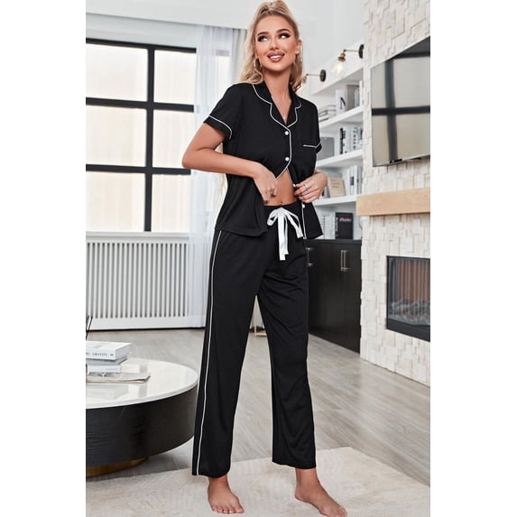 Contrast Piping Short Sleeve Top and Pants Pajama Set