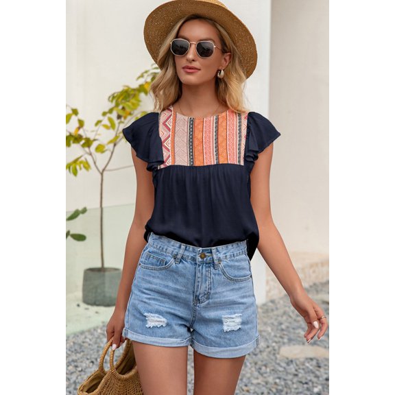 Contrast Print Butterfly Sleeve Top