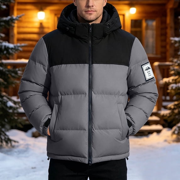 Contrast Puffer Coats for Men Full Zipper Drawstring Hooded Fashion Winter Casual Thicken Warm Jackets with Pockets Gray XL