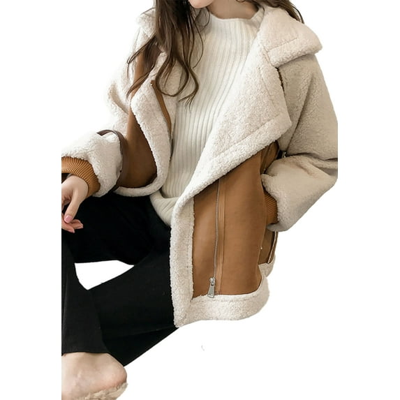 Contrast Shearling Sleeve Open Front Cozy Wool Jacket for Women Brown X-Large