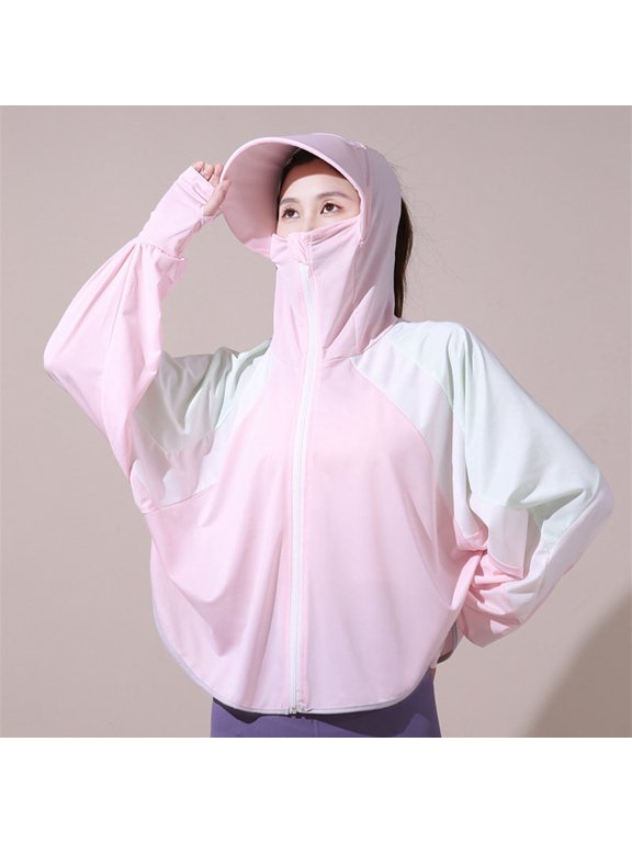 Contrast Spliced Sun Protection Clothes Women Jacket Summer Long Sleeve Loose Bat Short Coat Thin Ice Silk Hooded Sunscreen Top