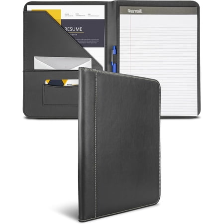Contrast Stitch Faux-Leather Padfolio, Business Portfolio for Men and Women, Resume Document Organizer with 8.5 x 11 Inch Writing Pad,