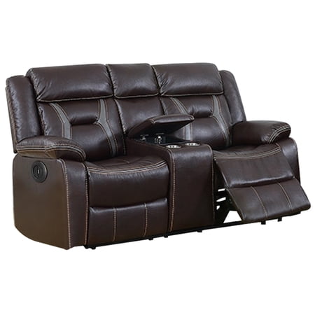 Contrast Stitched Leatherette Power Motion Loveseat with Console,Dark Brown