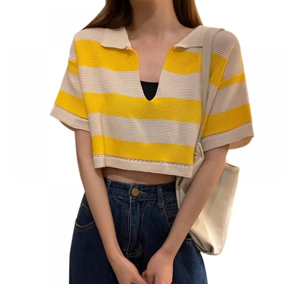Contrast Striped V-Neck Short-Sleeved TOPWONER Pullover Short Sleeve Sweater One Size