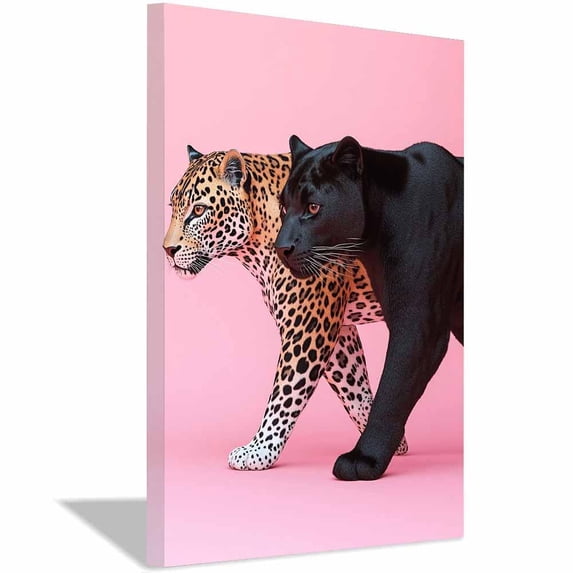 Contrast Tawny Leopard Black Panther Side Profile Solid Blush Pink Framed Canvas Wall Art,Modern Dual tiger Decor for Bedroom Lounge Ready to Hang-12"L x 8"W