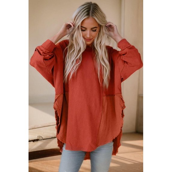 Contrast Texture Round Neck Long Sleeve Blouse