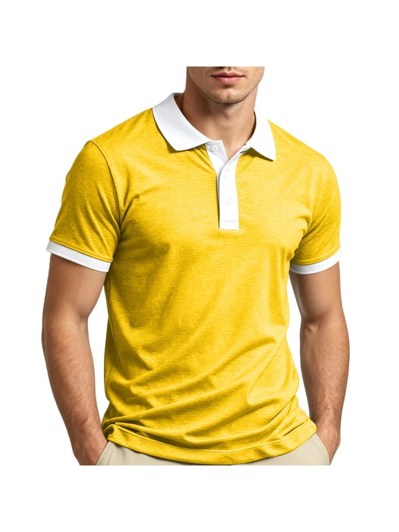 Contrast Trim Mens Polo Shirt Lightweight Casual Turn Down Collar T Shirt Button Placket Cotton Blend Polos