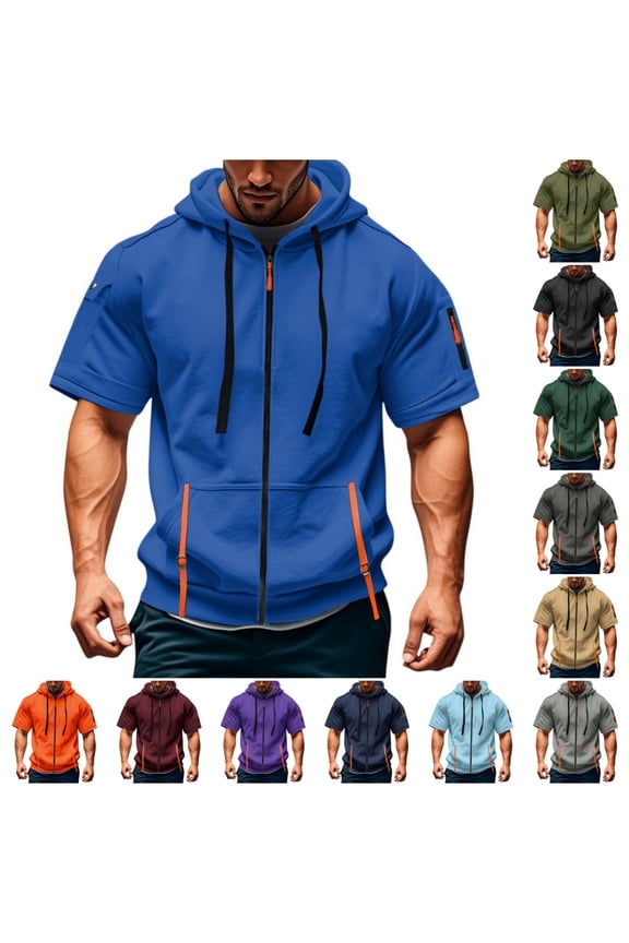 Contrast Trim Short Sleeve Hooded Jacket for Men, Breathable Zip-Up Hoodie for Workout & Daily Wear Blue XXL