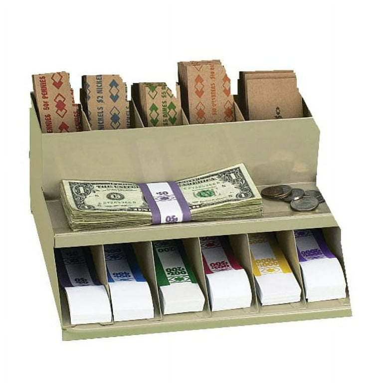 Coin Wrapper and Bill Strap Single-Tier Rack, 6 Compartments, 10 x 8.5 x 3, Steel, Pebble Beige