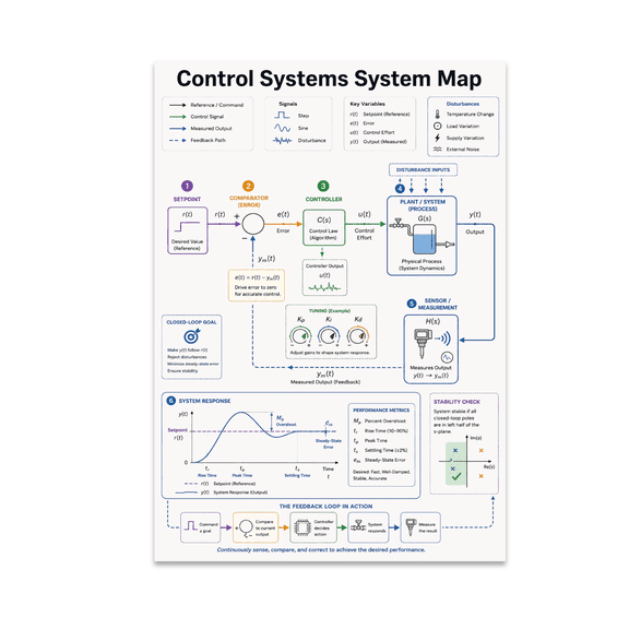 Control Systems System Map Poster, Controls Engineers, Engineering Education, and Process Teams, 13x19 Glossy Paper