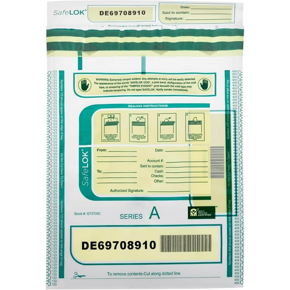 ControlTek SafeLok 9" x 12", Clear, 100 Bags, Tamper-Evident Deposit Bags for Cash Handling & Valuables, Moisture, Heat and Cold Sensitive Ink, Tear-off receipt + Large Barcodes 585087