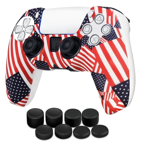 Controller Case for PS5 Silicone Controller Skin Dualsense Cover + 8 Pro Thumb Grips Set Sony Playstation 5 Skins Accessories US Flag with Ergonomic Textured Grip