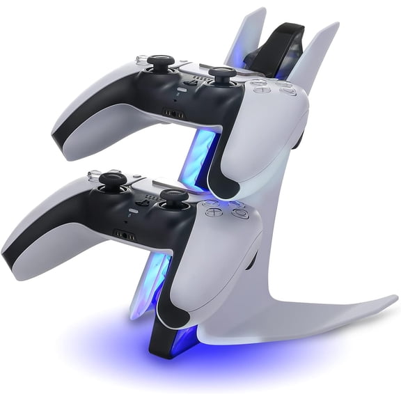 Controller Charger for PS5 , Dual Charging Station with LED Light and Cable,Controller Charger Powers Two Controllers in About 3 Hours with 5V/2A Input, Ambient Blue Lighting and Battery Protecti