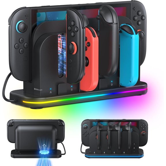 Controller Charging Dock for Switch 2, RGB Charging Station with Cooling Fan, Charge up to 4 Controllers, Charging Stand Station for Switch/OLED