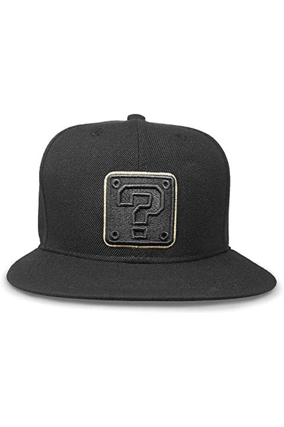 Super Mario Flat Bill Snap Back Hat (Black & Gold Question Block)