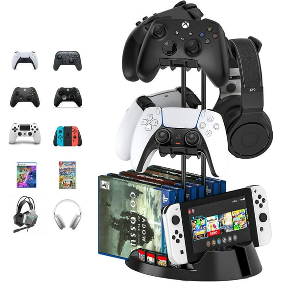 Controller Holder with Organizer Base, 2 Tiers Desk Gaming Controller Headset Stand with Cable Organizer for All Xbox PS4 PS5 Switch Pro Crontroller Gaming Accessories, Gaming Stand