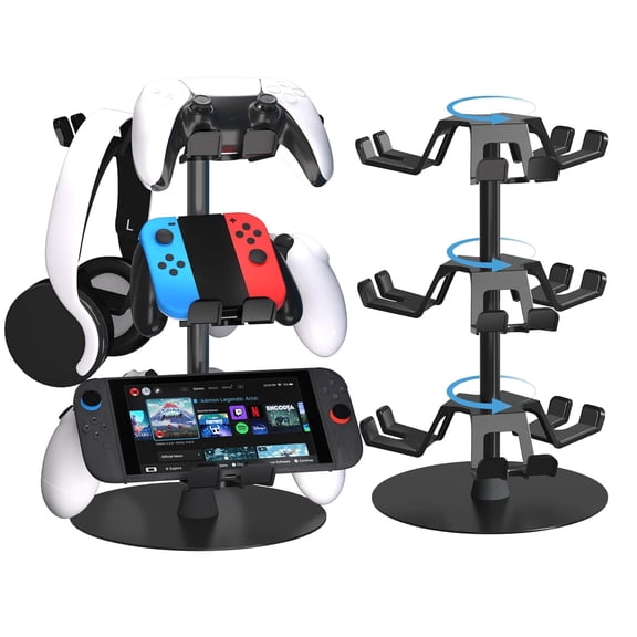 Controller Holder Stand 3 Tiers for Desk, Aluminum Alloy Rotatable Gaming Headset Stand for PS5/PS4/Xbox/Switch2/PS Controller/Headphone Holder for 9 Packs Controller