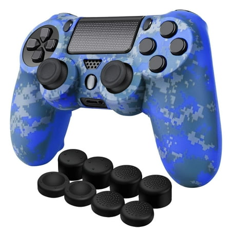 Controller Skins for PS4 - Silicone Protector Case Skin for Playstation 4 Controller Compatible with PS4 Slim / PS4 Pro Controller, Camo Mosaic Blue Cover for PS4 Controller with Thumb Grip Caps