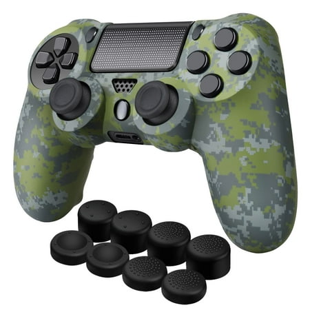 Controller Skins for PS4 - Silicone Protector Case Skin for Playstation 4 Controller Compatible with PS4 Slim / PS4 Pro Controller, Camo Mosaic Green Cover for PS4 Controller with Thumb Grip Caps