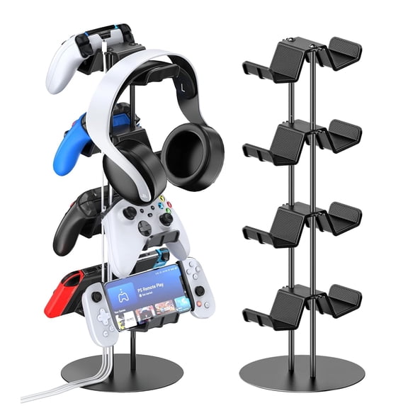 Controller Stand 4 Tiers with Cable Organizer for Desk, Universal Headphone Stand Compatible with Xbox PS5 PS4 Console Nintendo Switch, Headset Holder & Desk Mounts for 8 Packs Controller