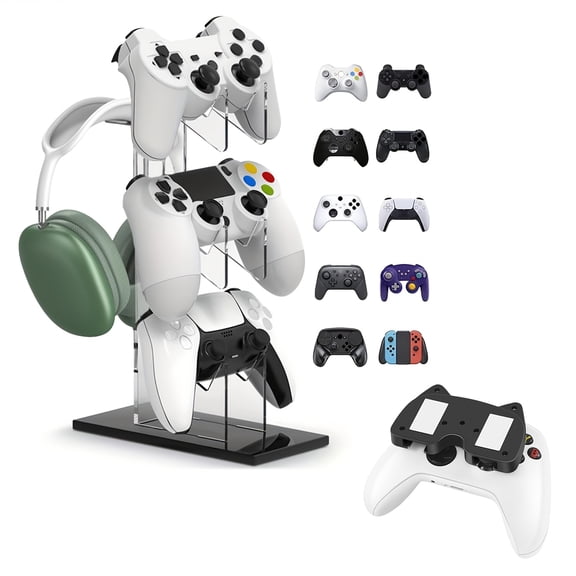 Controller Stand with 3-Tier Acrylic Holder, Headset Hook for Xbox PS5 PS4