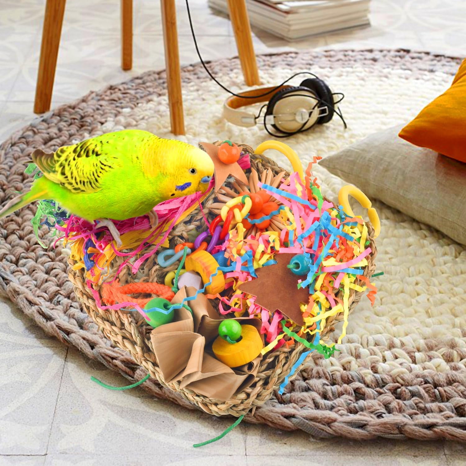 Conure Toys, Bird Grass Mat Parakeet Shredder Hanging Toy Cockatiel Foraging Entertainments Parrot Climbing Wall Chewy Lovebird Cage Playthings