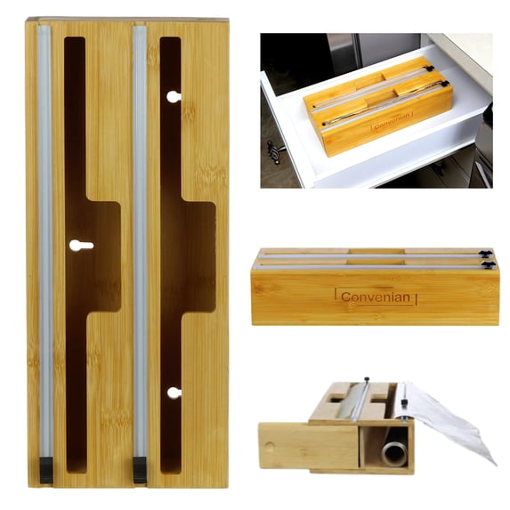 Convenian 2 in 1 Bamboo Foil and Plastic Wrap Organizer, Plastic Wrap Dispenser with Cutter, Compatible with 12 Roll for Plastic Wrap, Wax Paper, and Aluminum Foil Organization and Storage