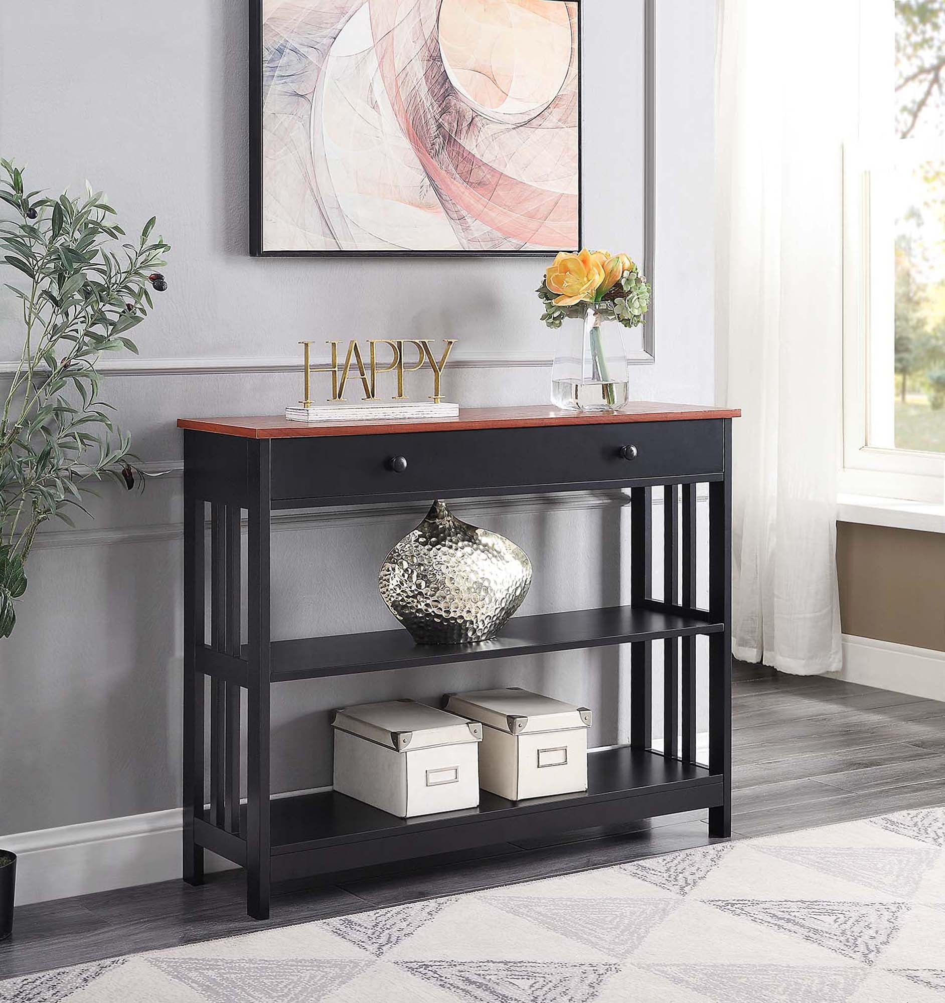 Cherry and Black Wood Metal Console Table with Storage