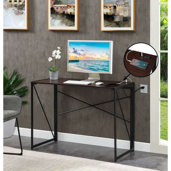 Convenience Concepts 29.50" Tall Xtra Folding Desk with Charging Station, Espresso/Black