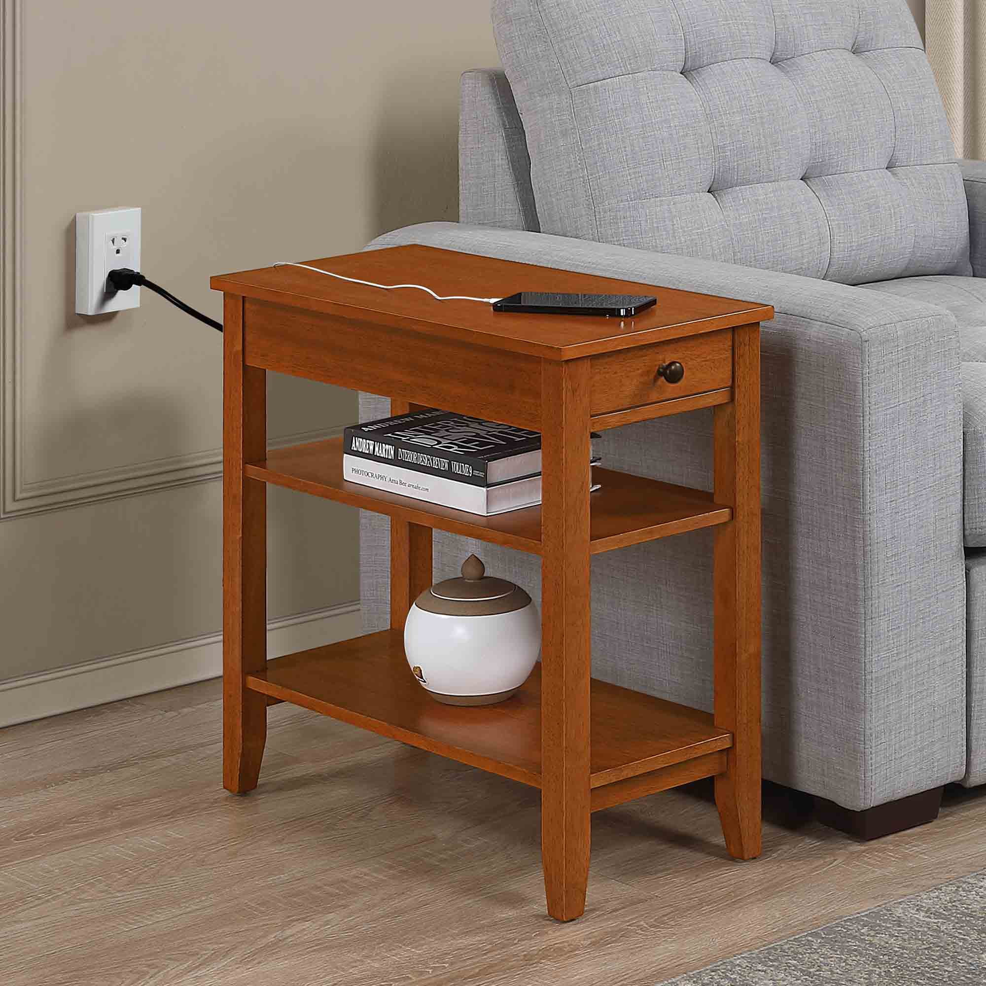 Convenience Concepts American Heritage 1 Drawer Chairside End Table with Charging Station and Shelves, Light Walnut