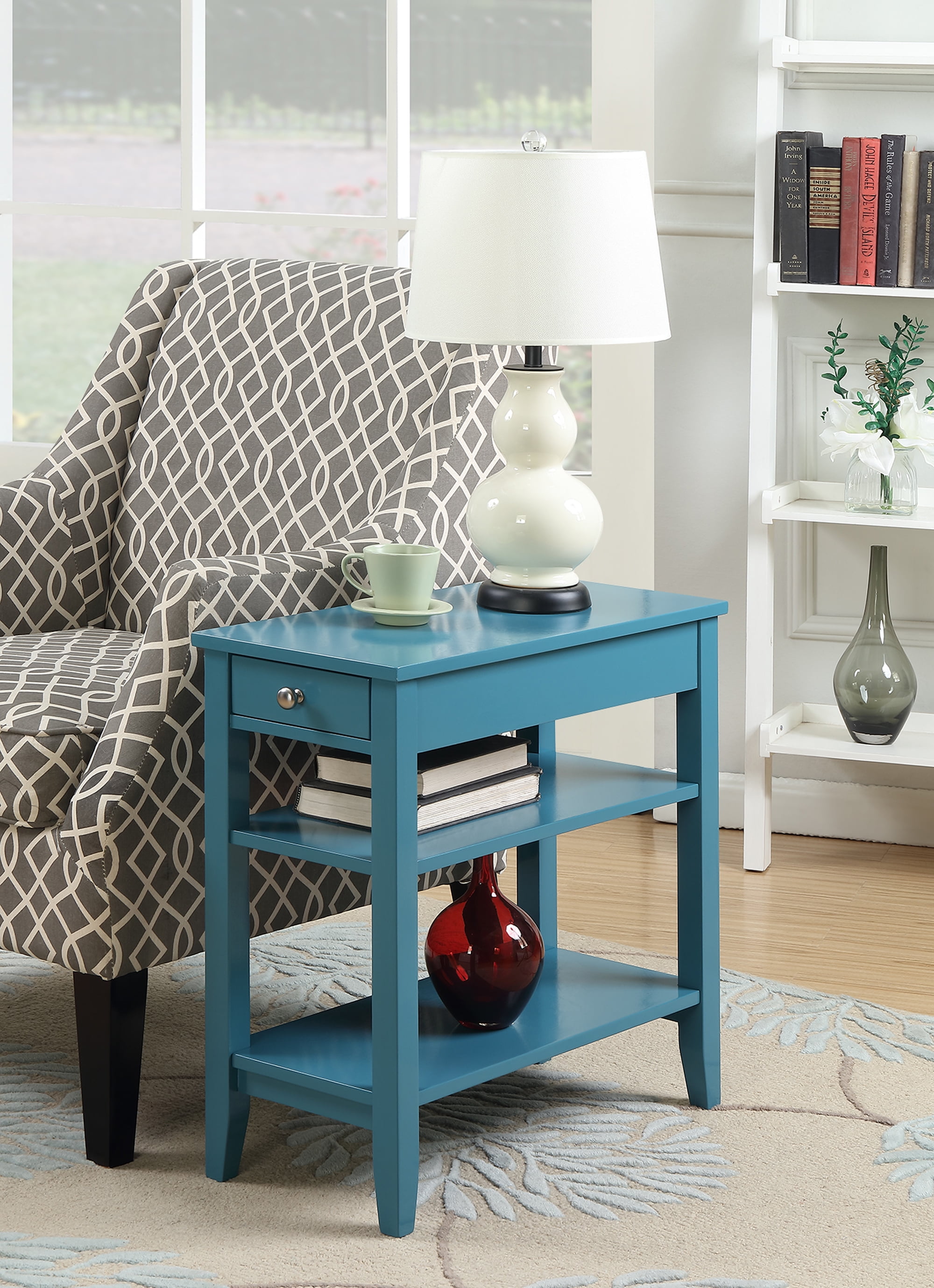 Blue Wood 3-Tier End Table with Drawer