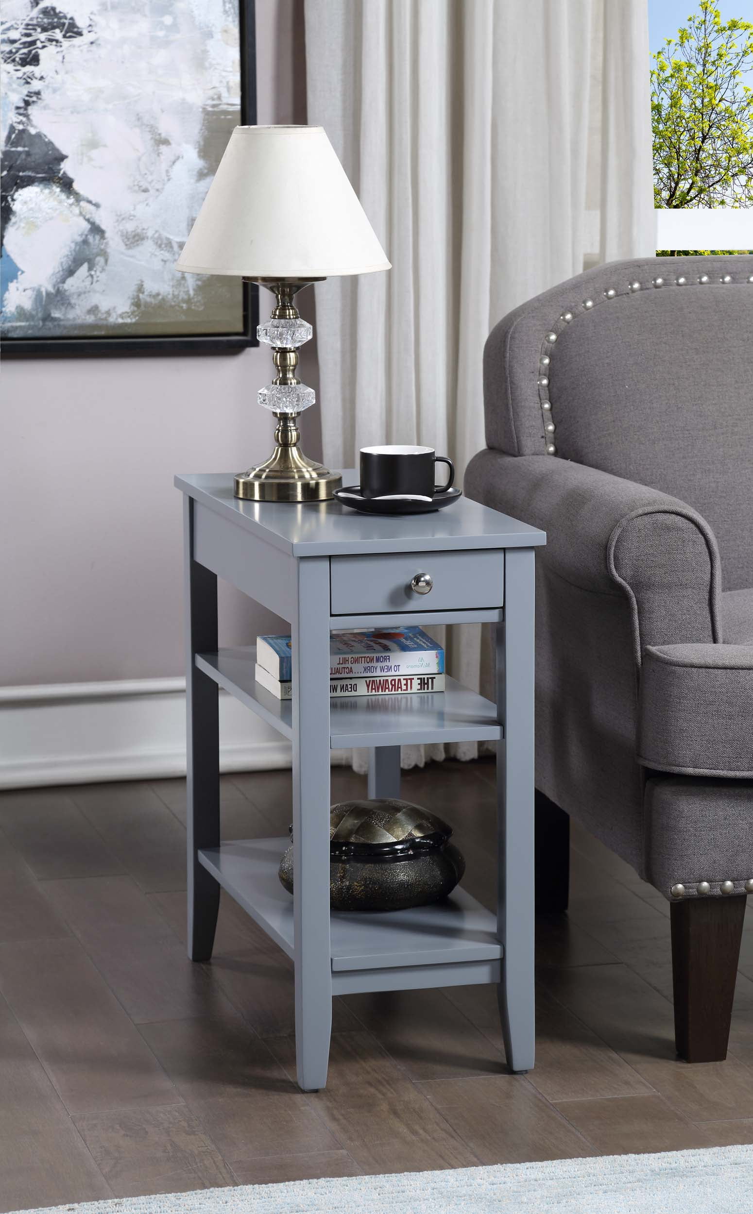 Gray Wood Rectangular Accent Table with Drawer and Shelves