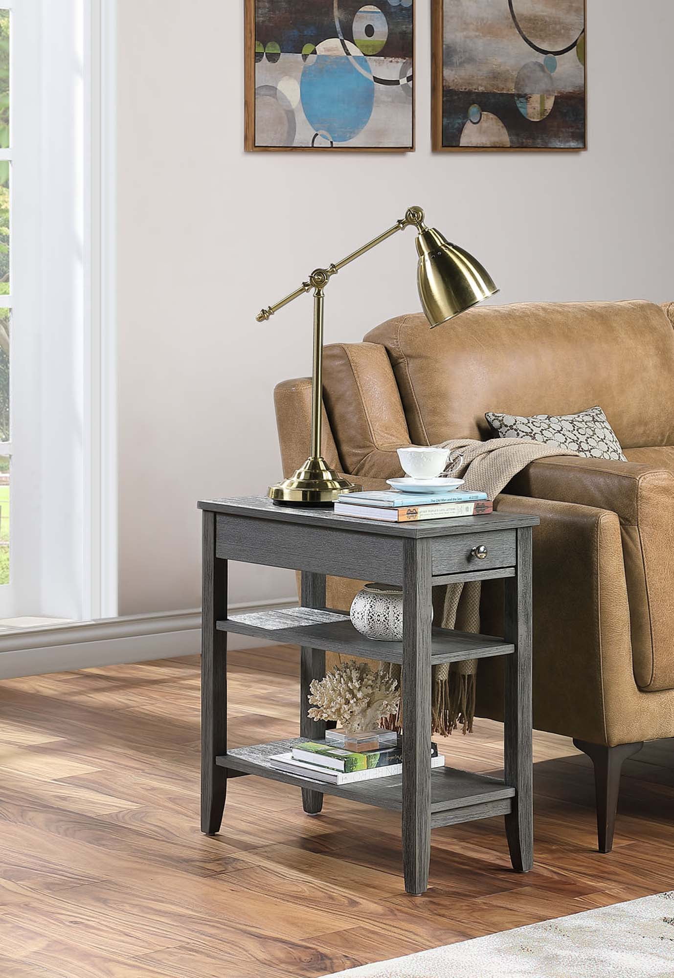 Dark Gray Wood Three-Tier End Table with Drawer