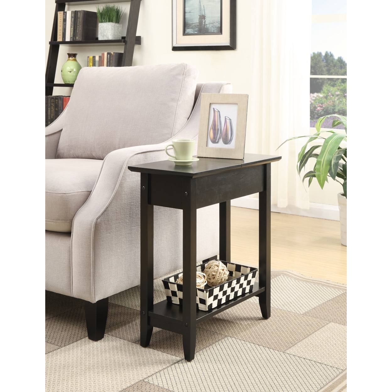 Black Wood Flip Top End Table with Storage Shelf