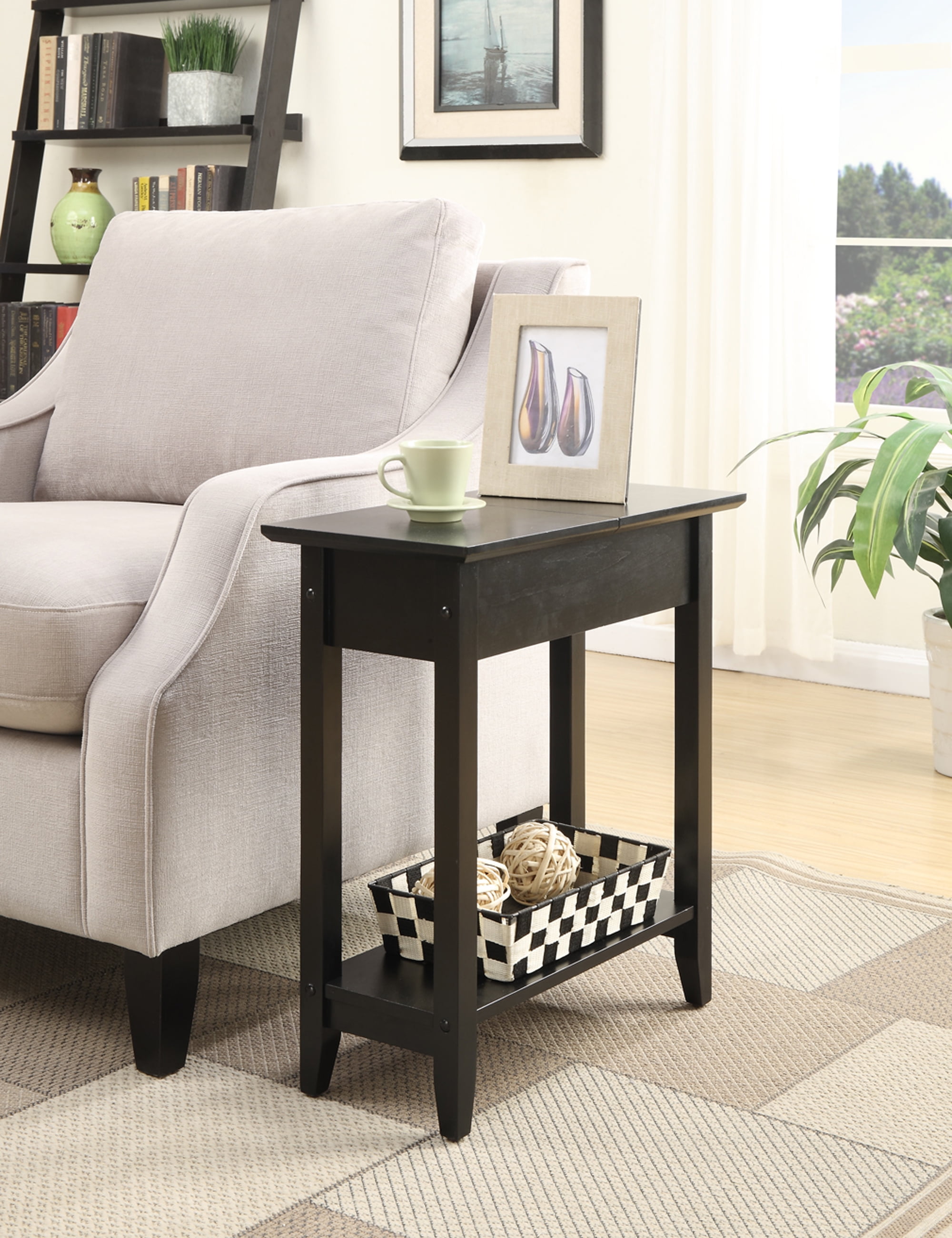 Black Wood Flip Top End Table with Storage Shelf