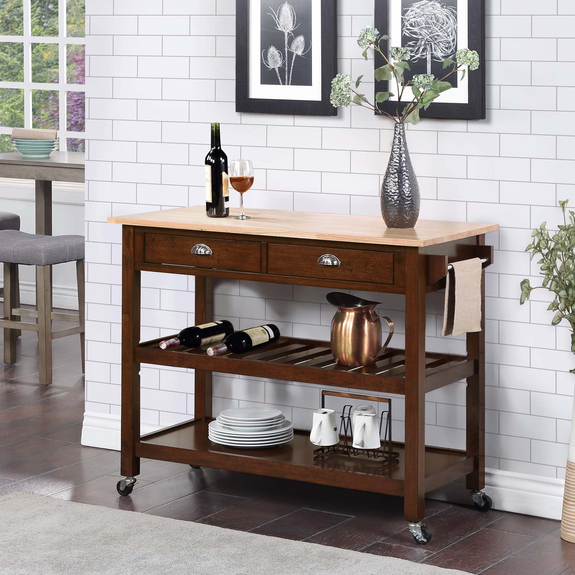 Espresso Solid Wood Butcher Block Kitchen Cart with Wine Storage