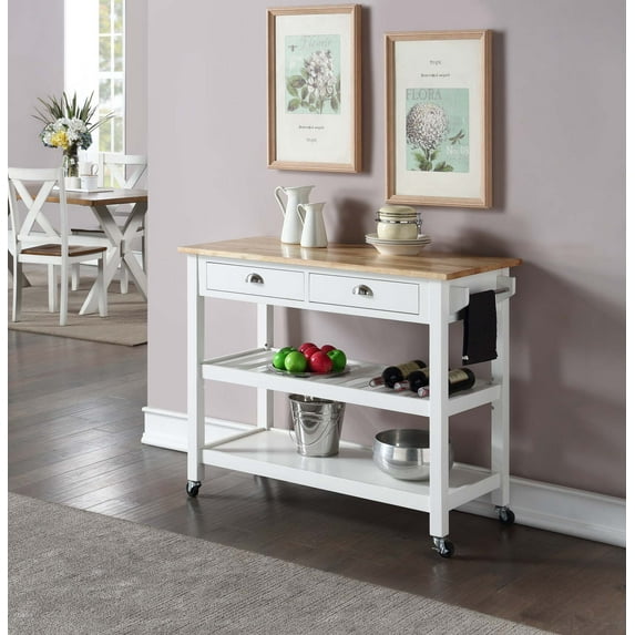 Convenience Concepts American Heritage 3 Tier Butcher Block Kitchen Cart with Drawers, White/Butcher Block