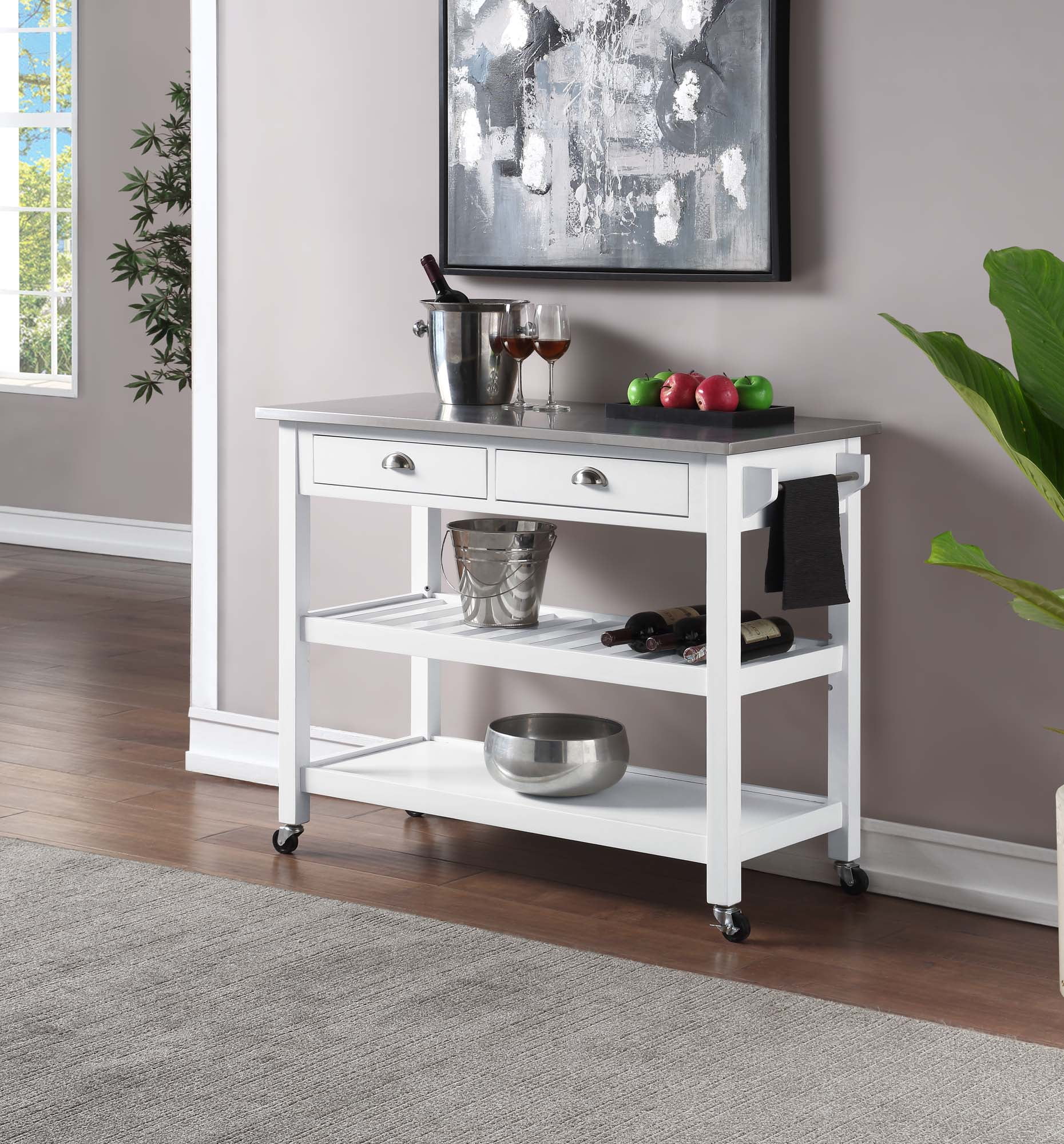 White Stainless Steel Kitchen Cart with Wine Rack and Storage