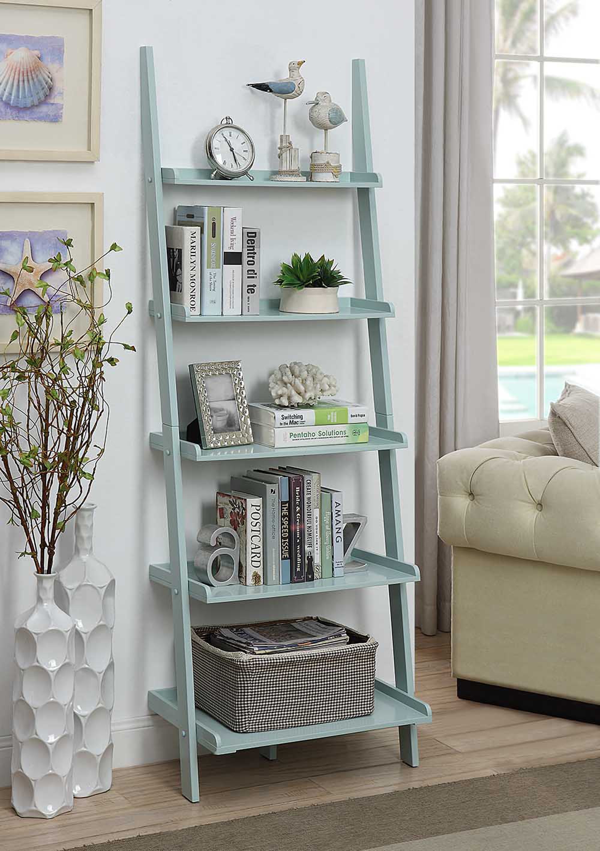 Gray Wood 5-Shelf Ladder Bookcase