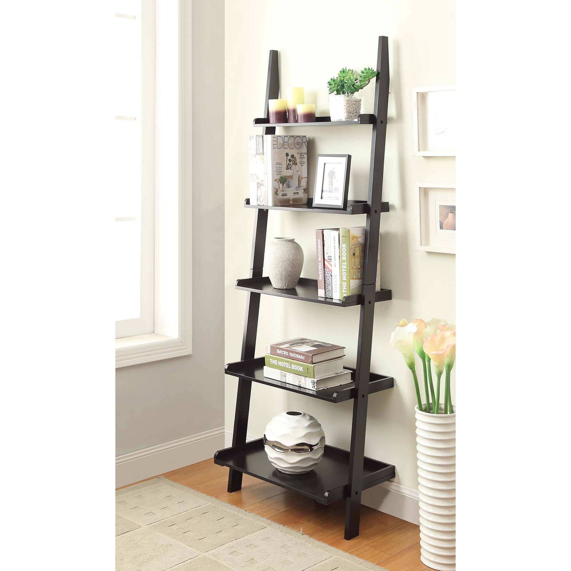 Heritage 5-Tier Black Ladder Bookshelf in Solid Pine & Birch