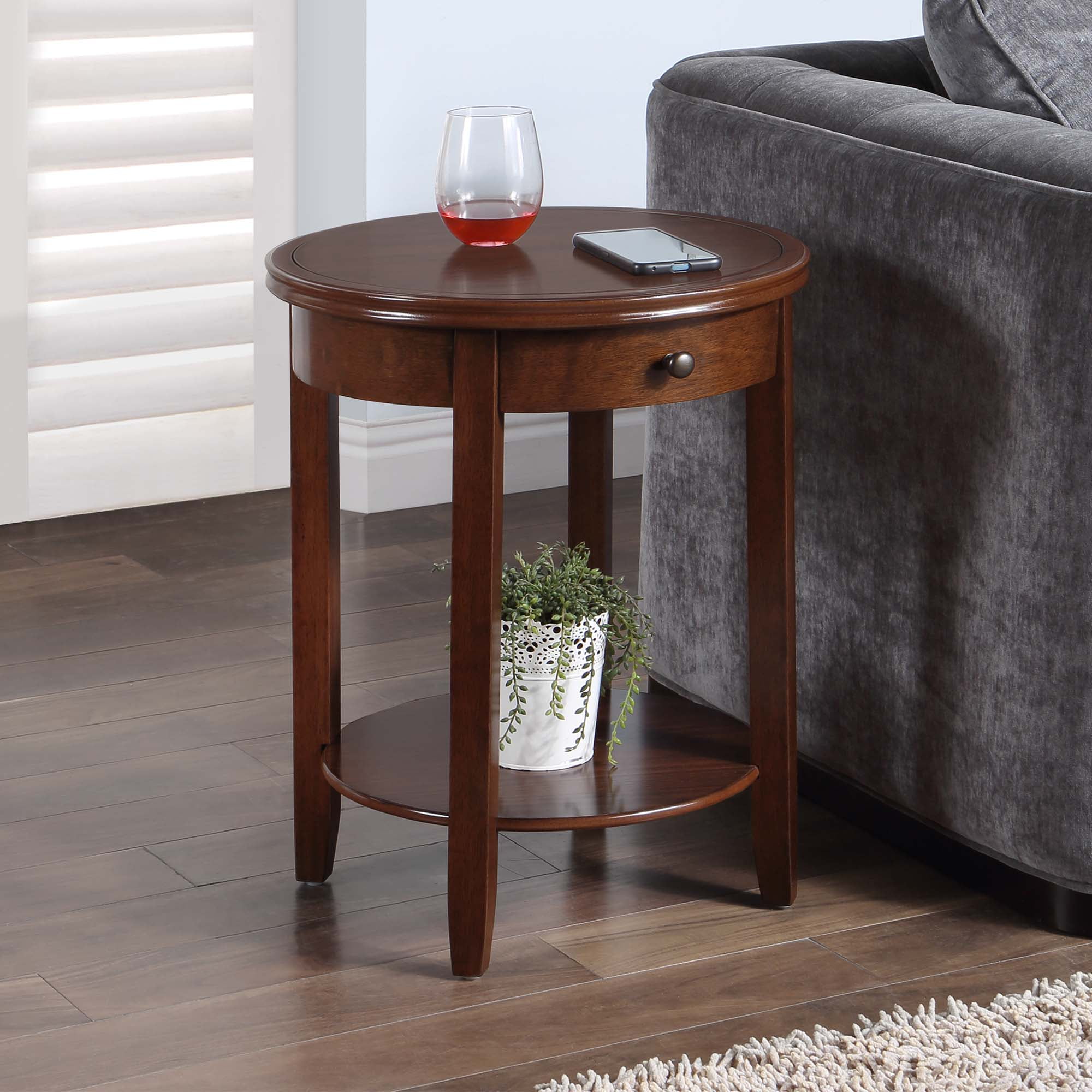 Espresso Round Wood End Table with Drawer and Shelf
