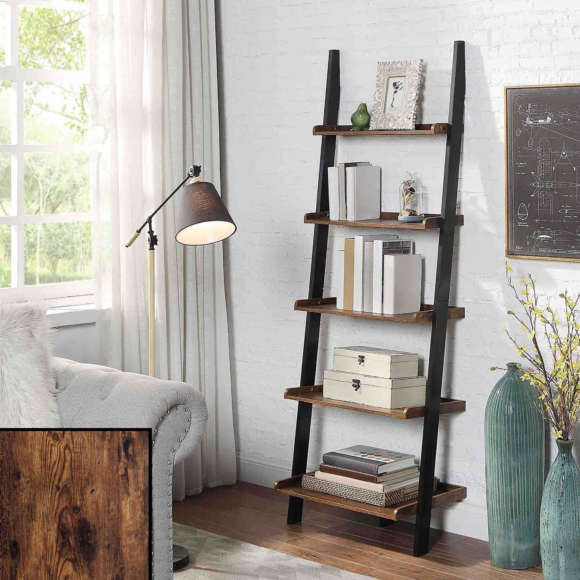 Barnwood and Black Adjustable Wood Ladder Bookshelf