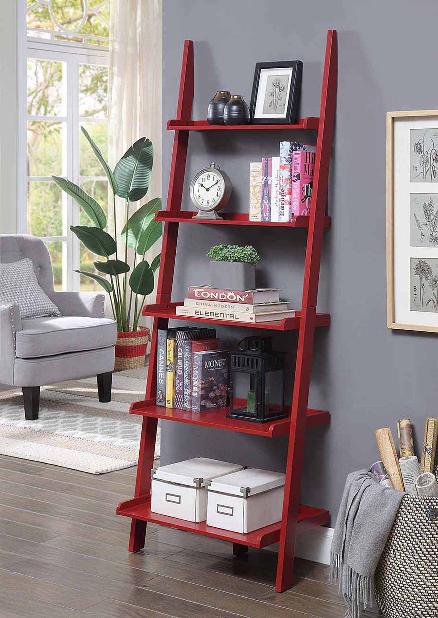 Elegant Black 73" Pine and Birch Veneer Ladder Bookshelf