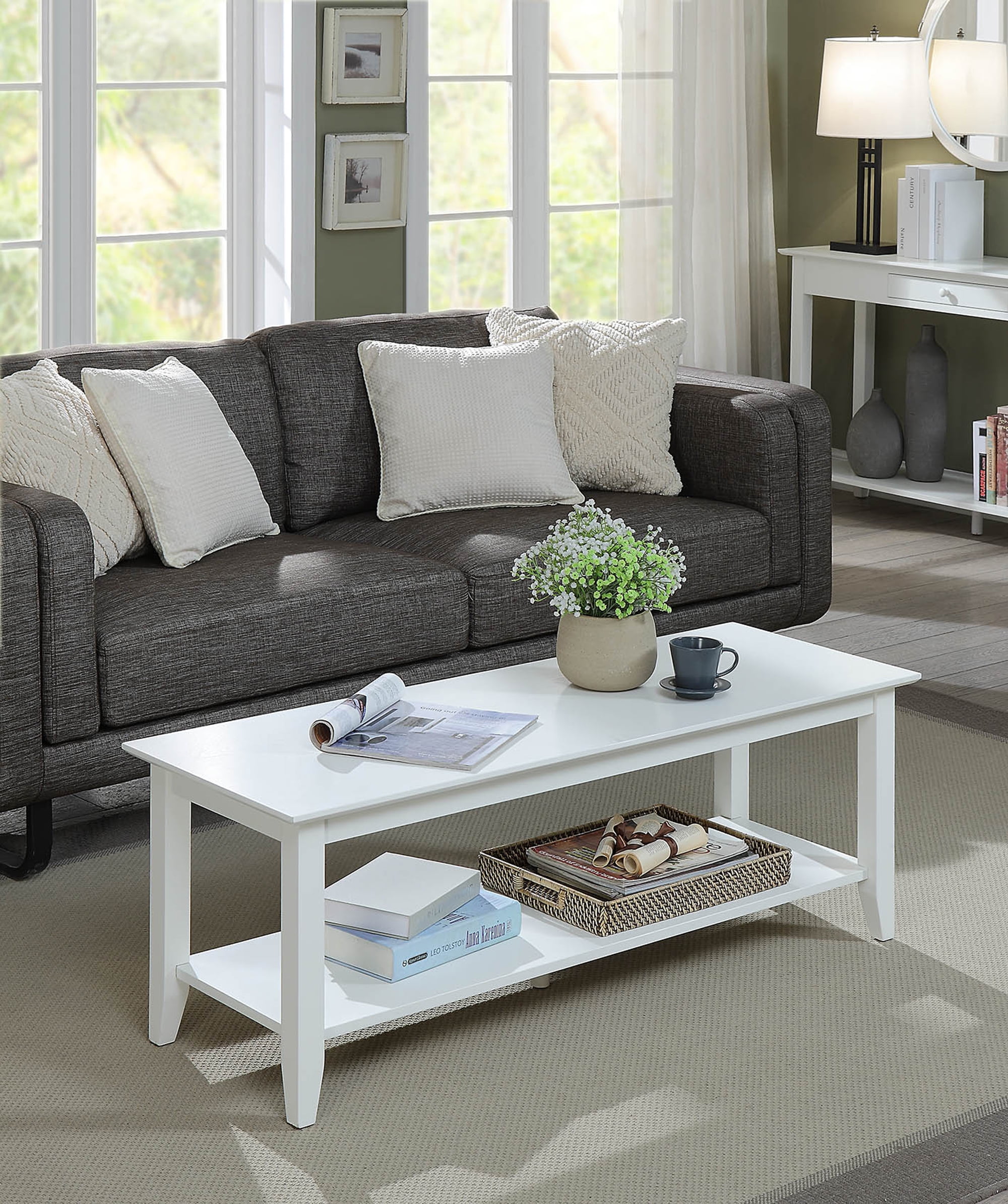 White Rectangular Pine Coffee Table with Shelf