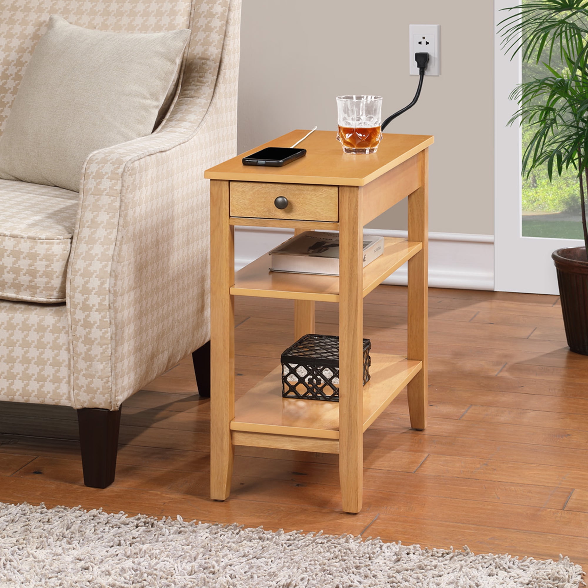 Natural Rubberwood End Table with Charging Station and Shelves