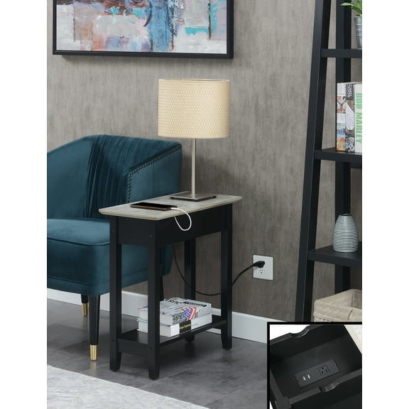 Convenience Concepts American Heritage Flip Top End Table with Charging Station, Faux Birch/Black